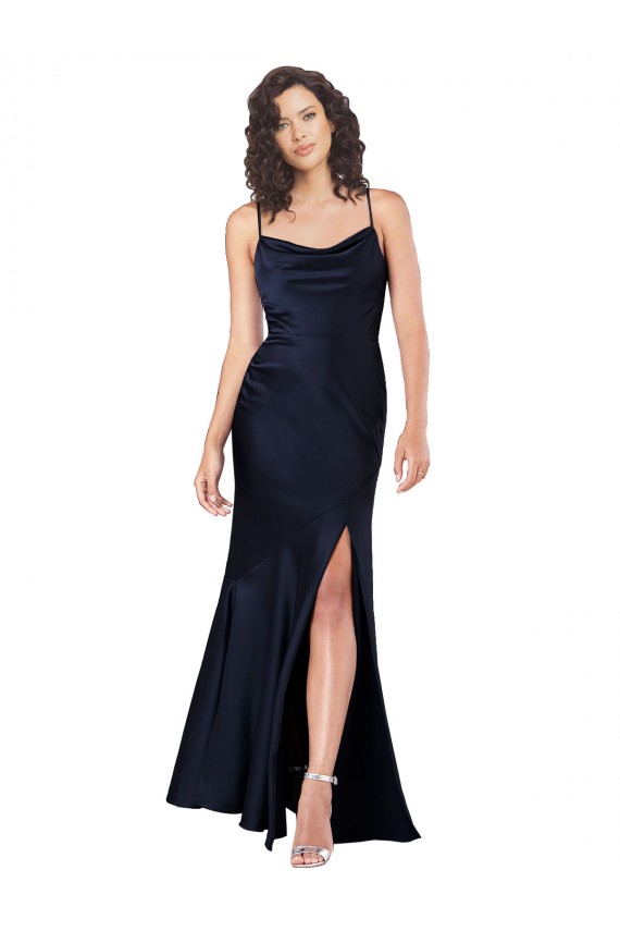Affordable A-Line Cowl Neck Silky Satin Long Dark Navy Black Tie Evening Dress Canada