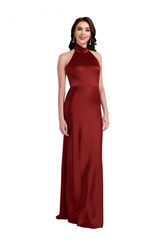 Affordable A-Line Halter Neck Stretch Satin Long Burgundy Black Tie Evening Dress Canada