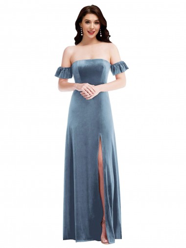 Affordable A-Line Off the Shoulder Stretch Velvet Long Dusty Blue Formal Dress Canada