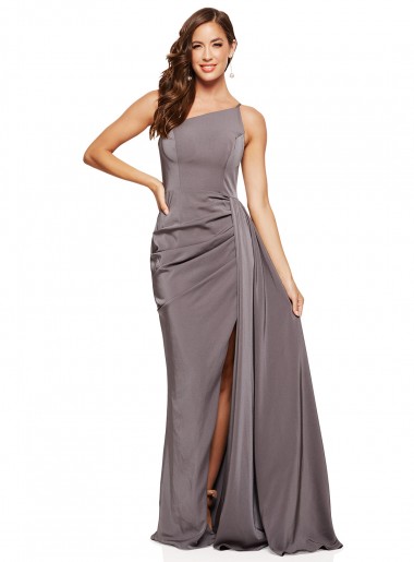 Affordable A-Line One Shoulder Silky Satin Long Slate Grey Formal Evening Dress Canada