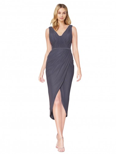 Affordable Mermaid High Neck Soft Chiffon Cocktail Length Slate Grey High Low Evening Dress Canada