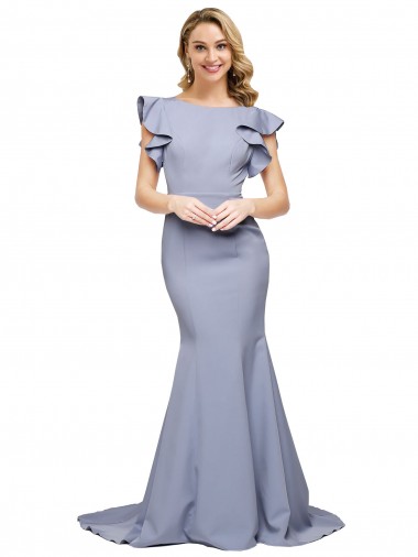 Affordable Mermaid Round Neck Stretch Crepe Sweep Train Smoke Blue Formal Evening Dress Canada