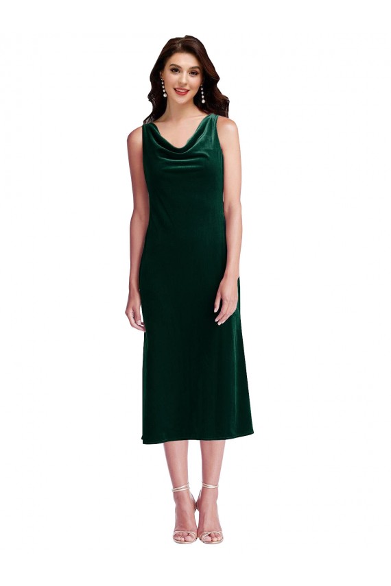 Affordable Sheath Cowl Neck Stretch Velvet Midi Length Dark Green Evening Dress Canada