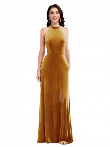 Affordable Trumpet High Neck Stretch Velvet Long Gold Semi Formal Evening Dress Canada